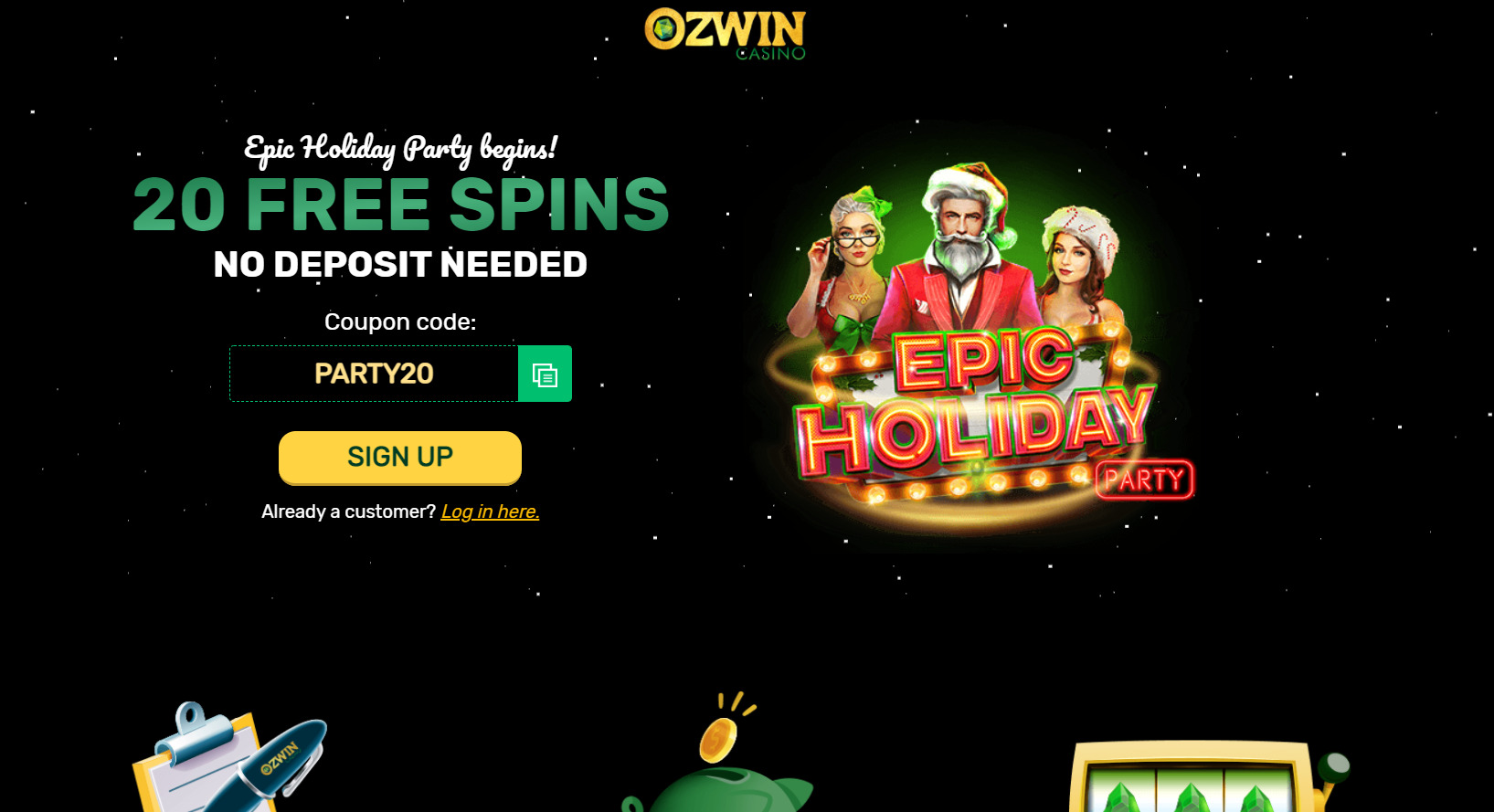 Ozwin Casino 20 free spins no deposit on epic holiday party