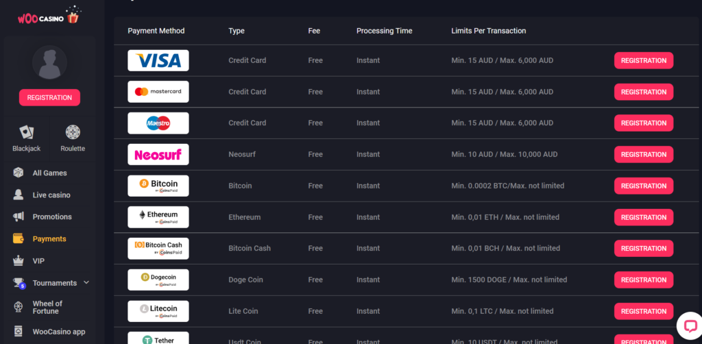 Woo casino payment methods