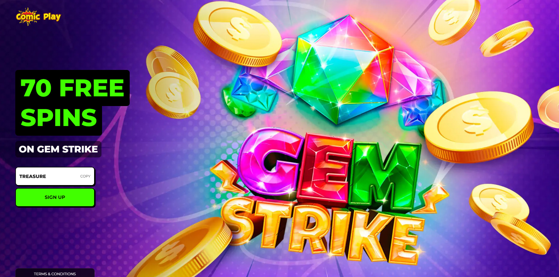 Comic Play Casino 70 free spins no deposit on gem strike